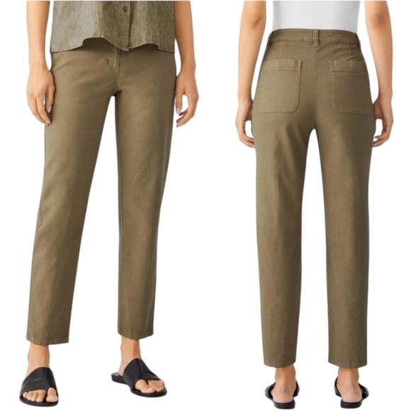 Eileen Fisher Pants - EILEEN FISHER Organic Cotton Hemp Stretch Tapered Ankle Pant Olive Khaki 12